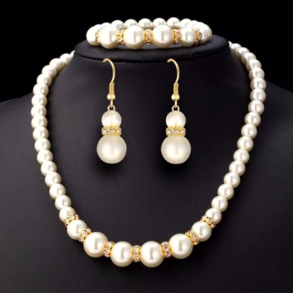 Faux Pearl Necklace Bracelet Earring Set Three Piece Set Wedding Gift - Picture 1 of 3